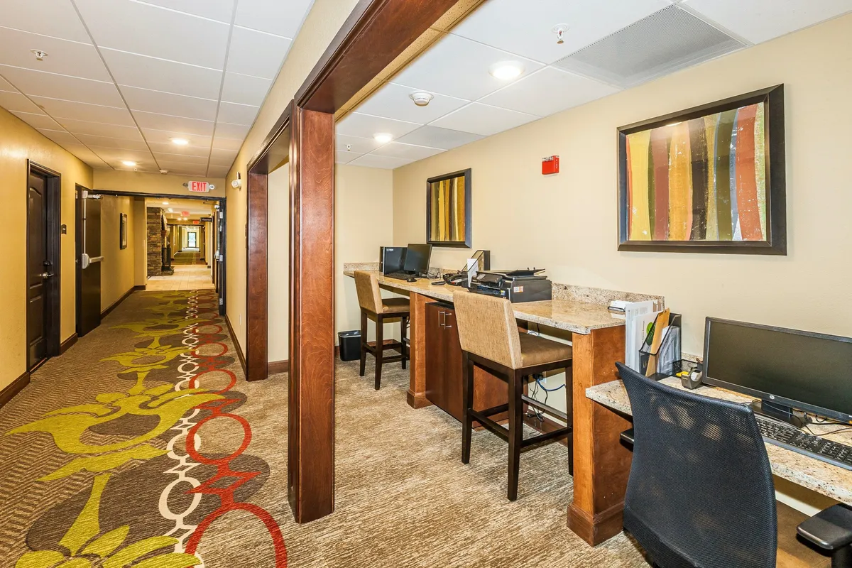 An interior view of the 24-hour business center, featuring multiple computer workstations, stylish carpeting, and artwork on the walls. The space is designed for productivity and collaboration, aligning with work-related amenities described in the section.
