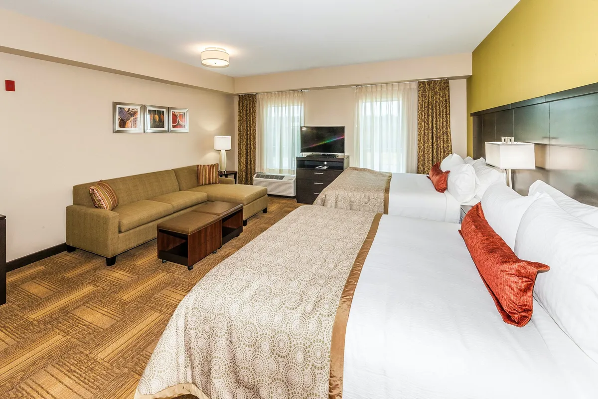 A cozy studio scene with two beds adorned with decorative pillows, a patterned sofa, and a TV set atop an entertainment unit. The blend of textures and furnishings highlights an inviting, homey feel ideal for winding down, socializing, and restful nights.